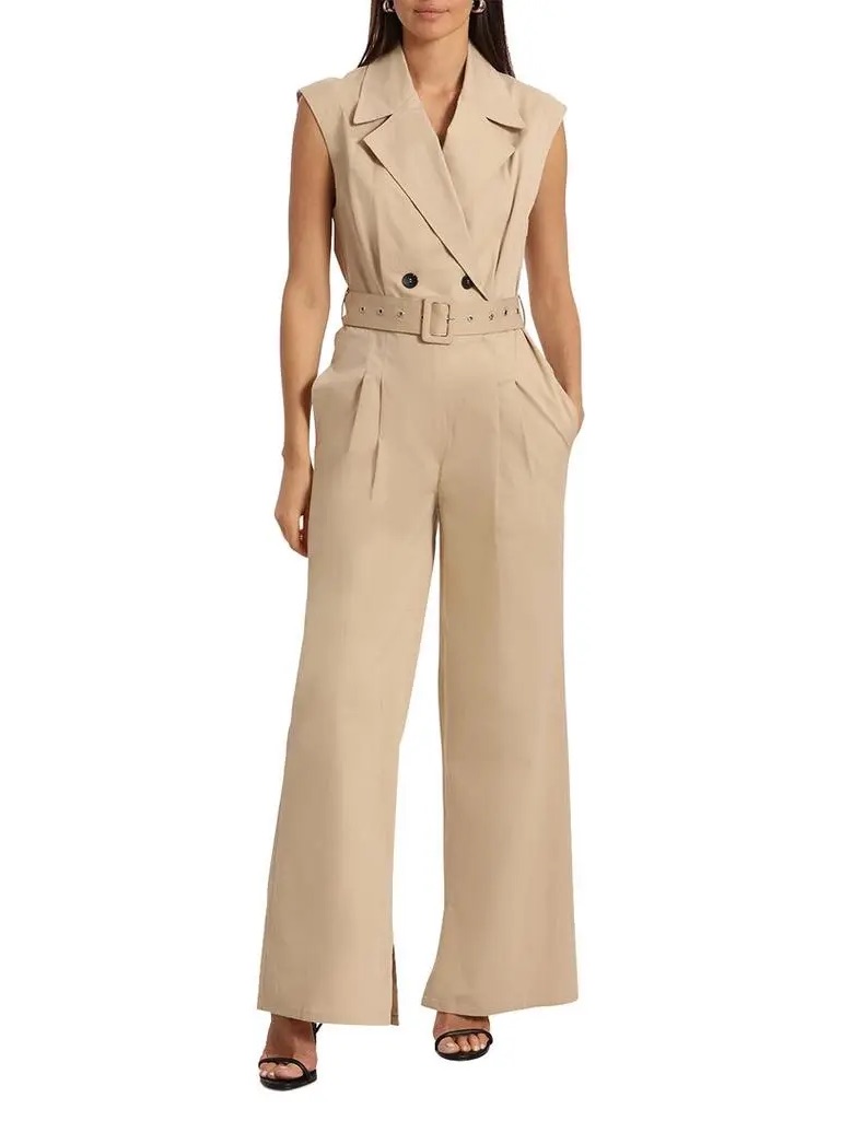 Avec Les Filles Sleeveless Double-Breasted Wide-Leg Jumpsuit In Beige